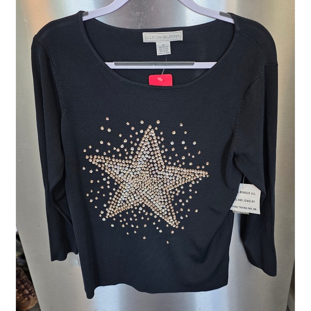 Lucia Burns Women XL Knit Top Black Sequin Starburst Embellished 1616JP